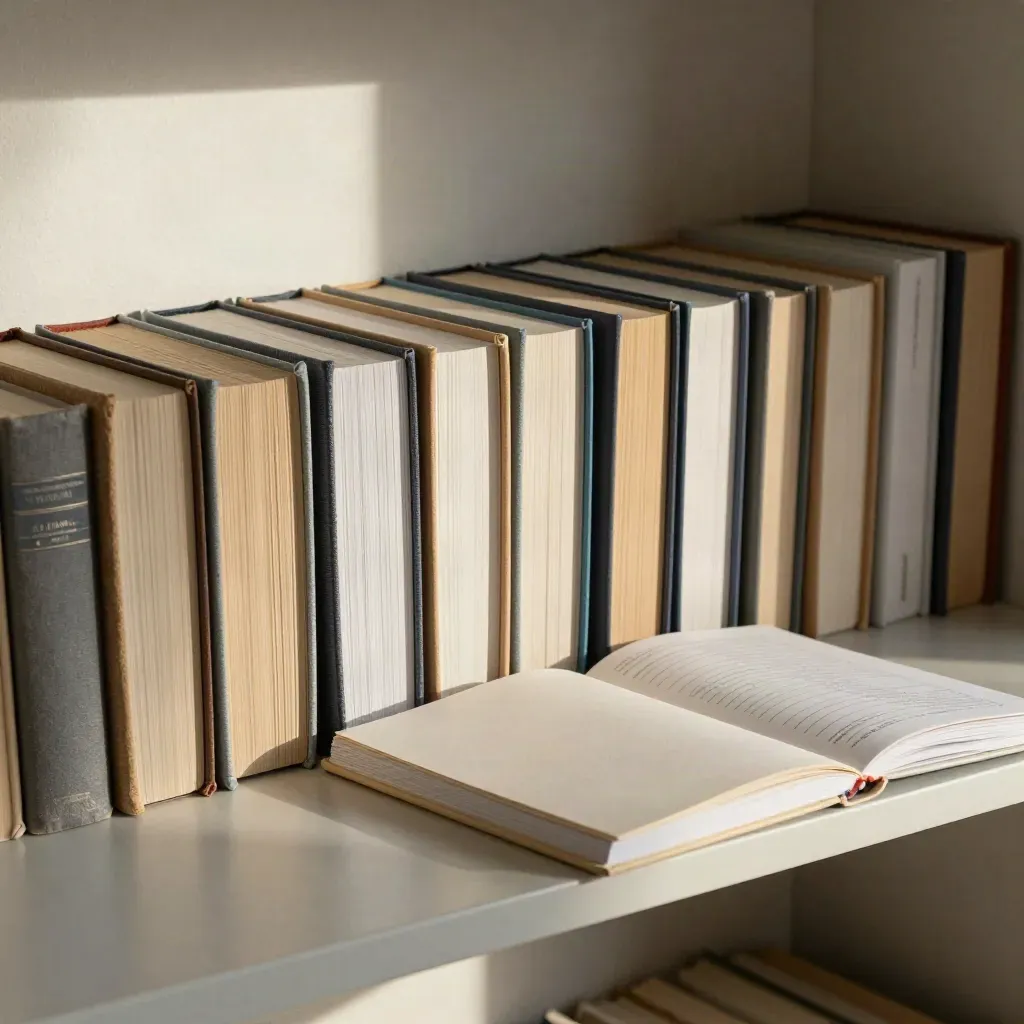 Na półce uporządkowane lektury, wstążkowe zakładki i zamknięty binder do matury.