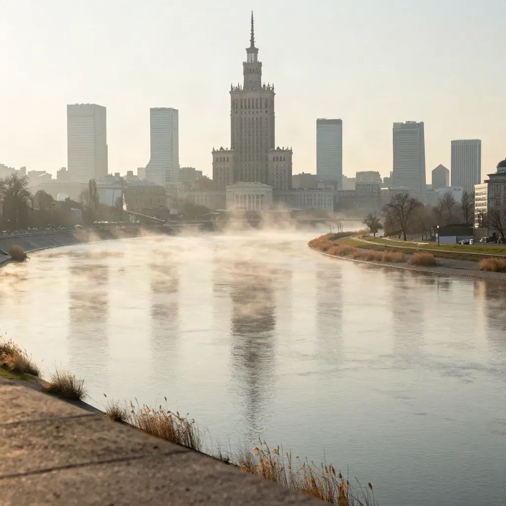 Mgliste zakole Wisły z panoramą Warszawy i Pałacem Kultury o świcie