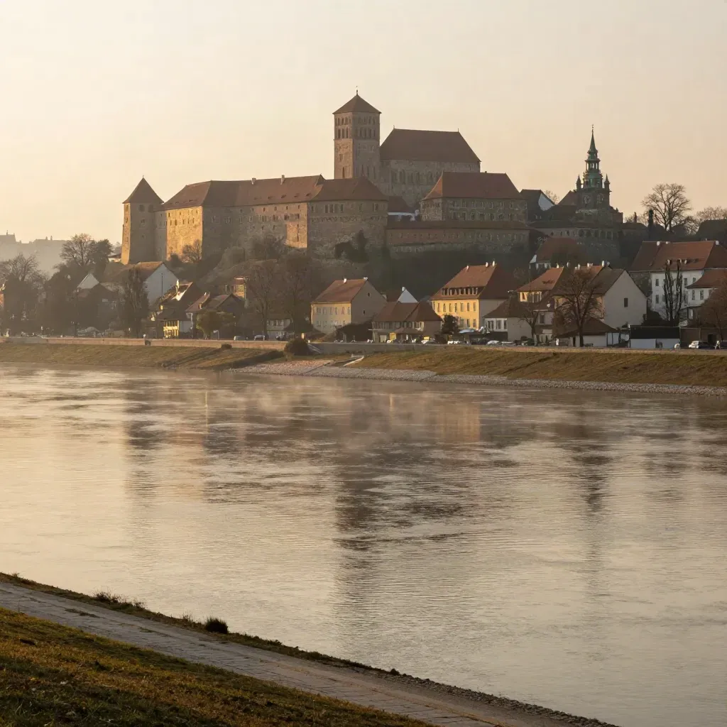 Wzgórze Wawelskie nad Wisłą o złotej godzinie, z mgłą i dachami Krakowa.
