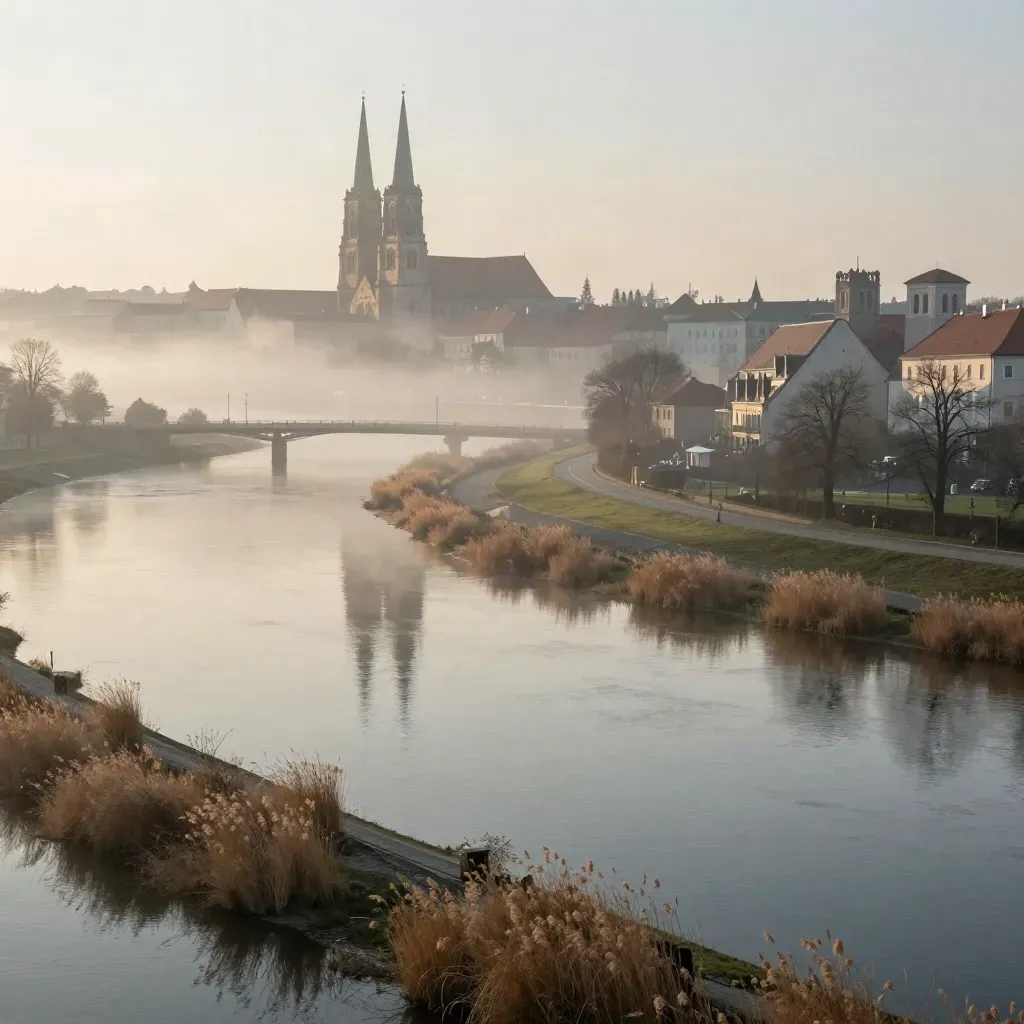 Wrocław nad Odrą we mgle, mosty, wyspy i wieże katedry o świcie