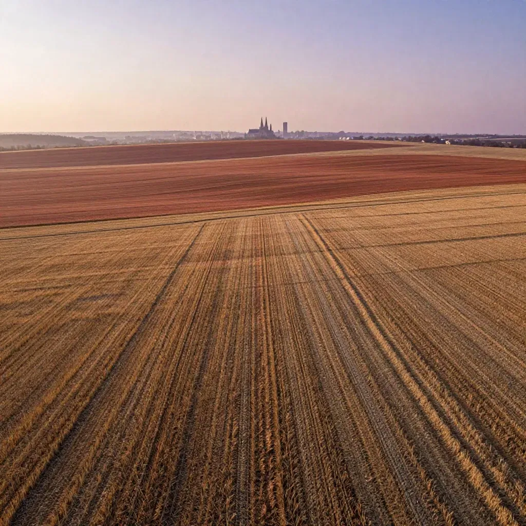 Złote pola Wielkopolski z mglistym skyline Poznania i wieżami katedry