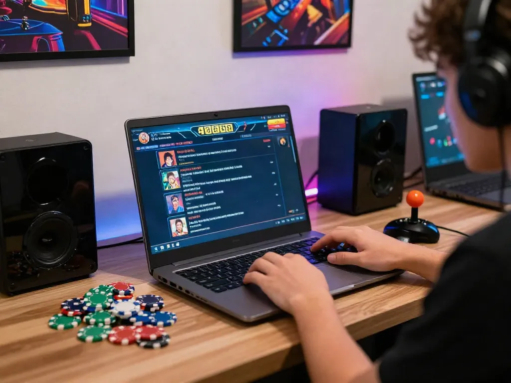 Player enjoying a slot88 game on a laptop in a vibrant gaming room.