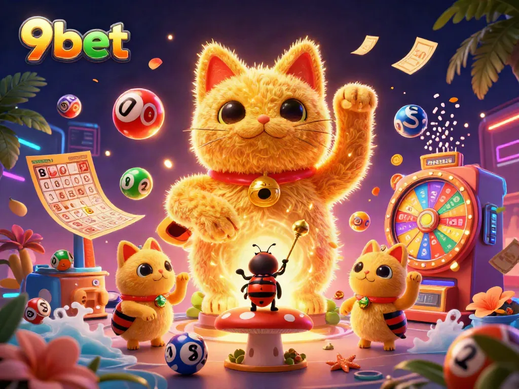 Experience 9bet’s vibrant online casino with colorful themed elements and a lucky cat mascot.