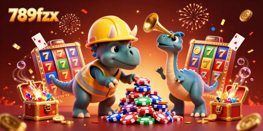 Engage in the thrill of casino gaming with 789fzx as characters celebrate by building a vibrant pyramid of chips.