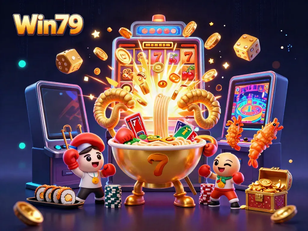 Win79 characters celebrating a jackpot with vibrant 3D elements in a colorful casino scene.