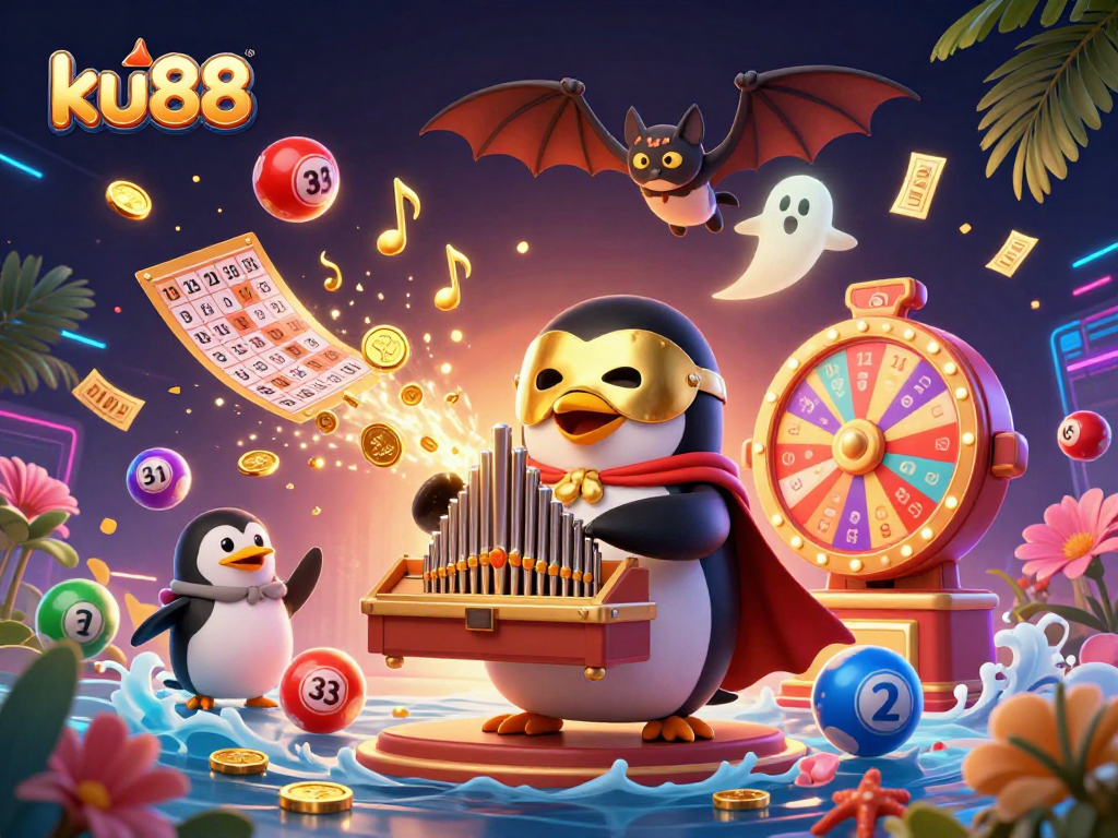 ku88's vibrant casino illustration featuring a penguin organist generating golden coins amid lottery excitement