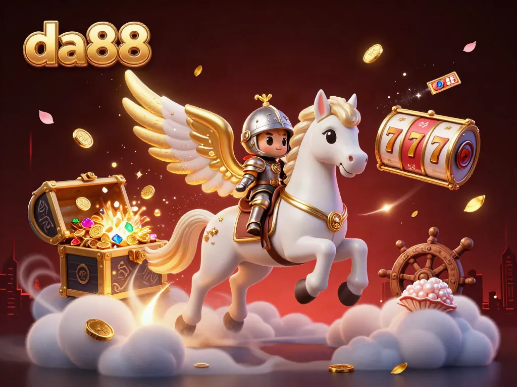 Engage with da88's thrilling slot experience featuring a celestial horse and knight in a vibrant casino scene.