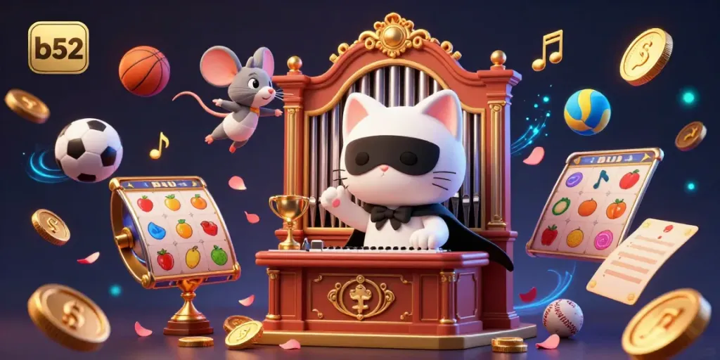 Engage with exciting b52 slots at a vibrant casino scene filled with animated characters and golden elements.