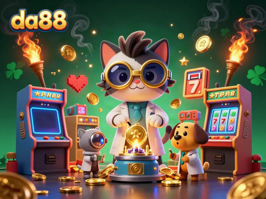 Play thrilling games at da88 with mad scientist cat and assistant amidst vivid casino elements.