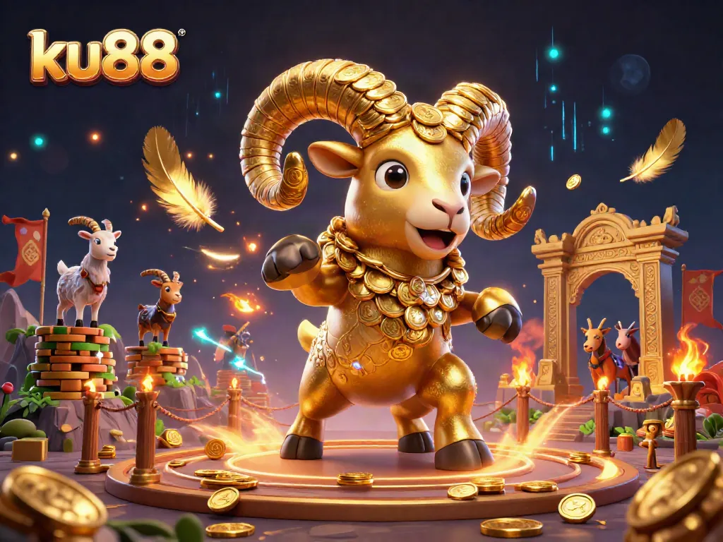 ku88 showcases a thrilling gaming scene with a golden ram charging through a spectacular casino setting.
