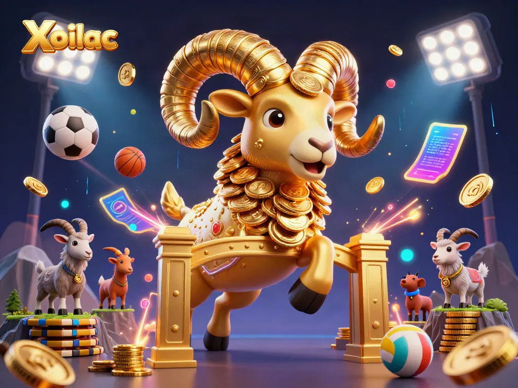Xoilac sports betting scene featuring 3D golden ram charging, with sports balls and glowing trophy.