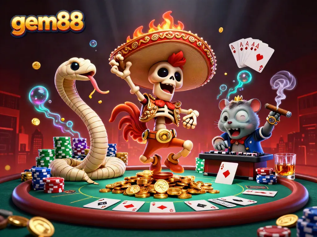 Experience the excitement of gem88 with a colorful 3D scene of casino characters and games.
