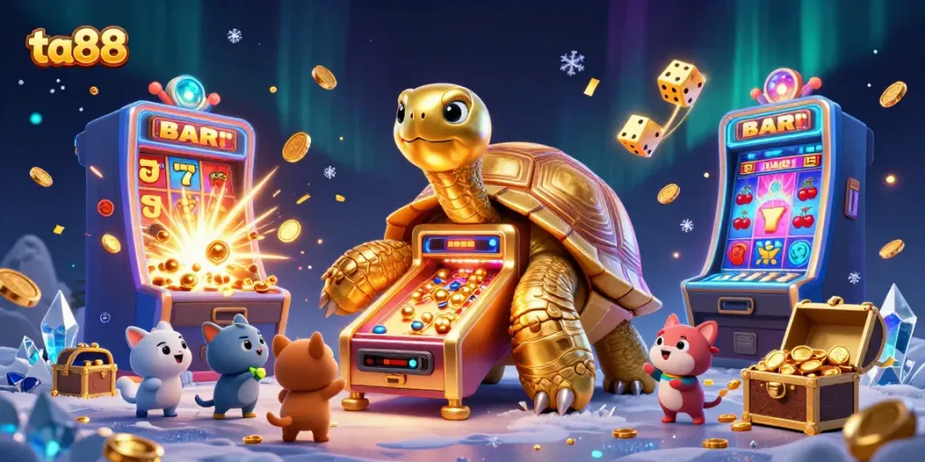 Experience the vibrant excitement of ta88 online gaming with a golden tortoise and thrilling casino elements.
