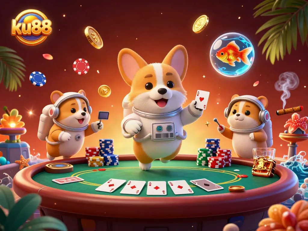 Experience thrilling moments with ku88 in a vibrant casino scene, featuring playful characters and poker elements.
