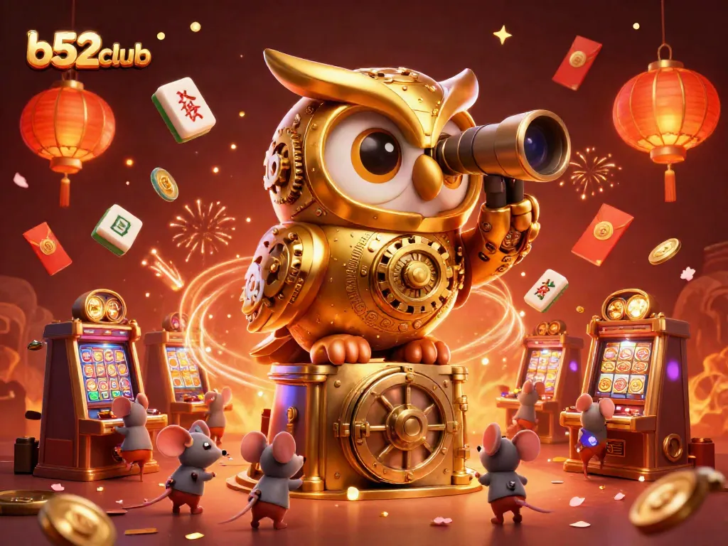 Engage with b52club as the golden owl surveys a bustling casino scene filled with luck and excitement.