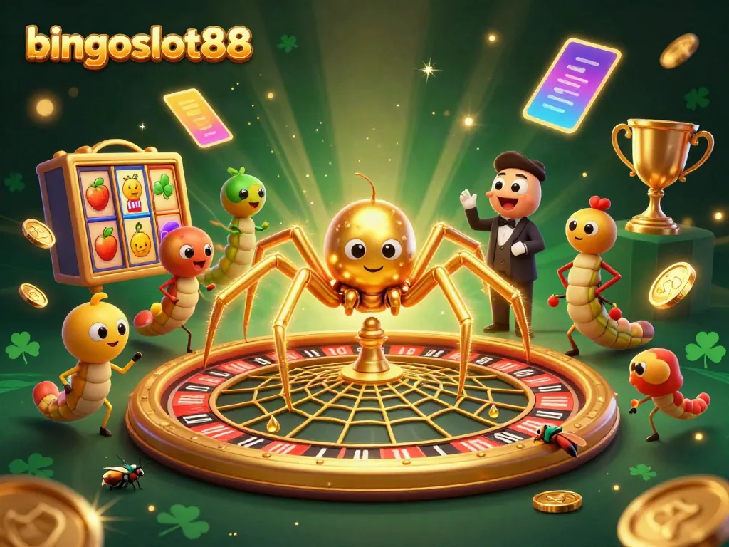 Permainan slot bingoslot88 yang menarik dengan laba-laba emas dan hiasan mewah, menarik pemain untuk bertaruh.