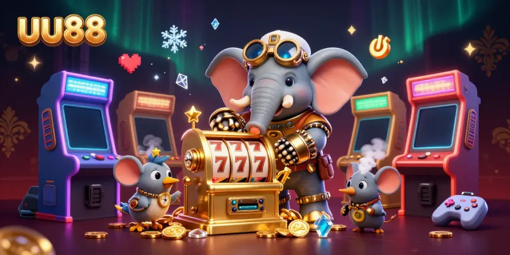 Experience excitement with uu88's steampunk-themed slot machine adventure illustration.