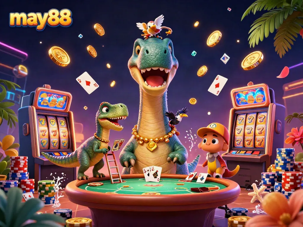 Experience the excitement of may88 casino with a vibrant, dynamic 3D casino scene featuring unique characters and game elements.