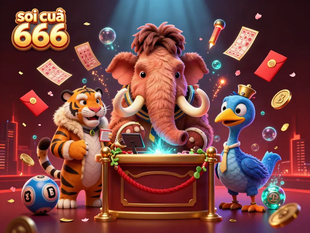 Experience the engaging world of soi cầu 666 as a woolly mammoth checks IDs at the lottery entrance with vibrant game elements.