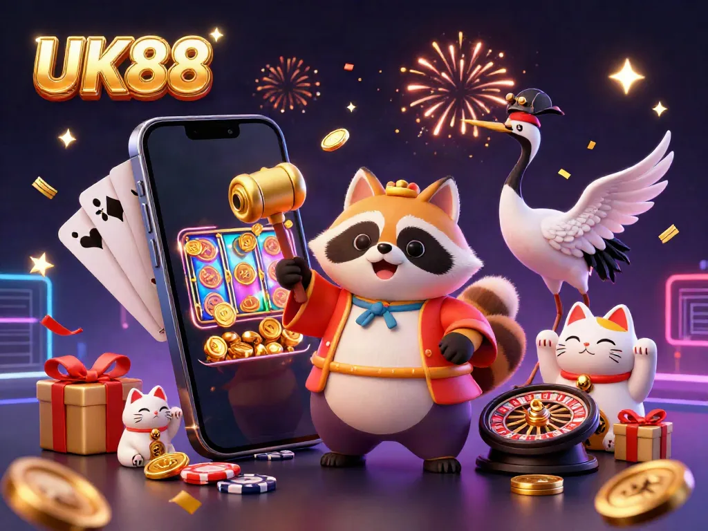 Engage with UK88, a vibrant casino scene featuring a tanuki and colorful maneki-neko with dynamic slot game elements.