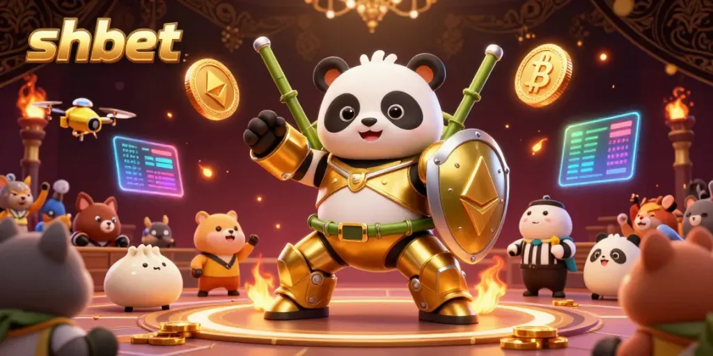 Engage with shbet's vibrant 3D cartoon gaming energy, featuring a golden panda in action.