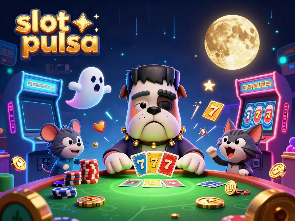 Experience the excitement of slot pulsa with a 3D cartoon monster dealing cards at a vibrant casino.