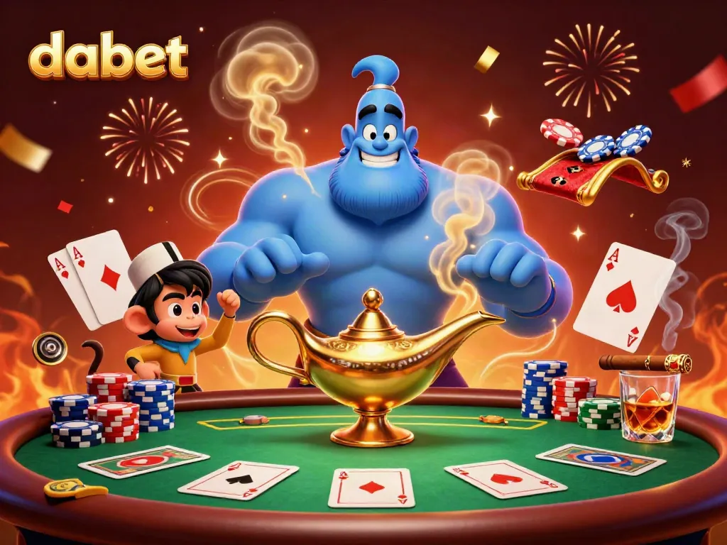 Experience thrilling gameplay at Dabet's vibrant casino featuring an energetic 3D genie and poker elements.