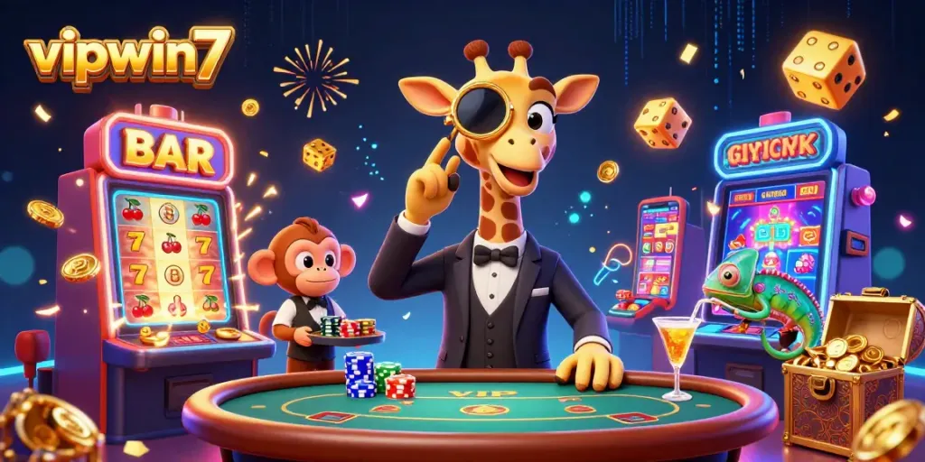 Experience thrilling wins at vipwin7 with a vibrant casino scene featuring animated characters and jackpots.