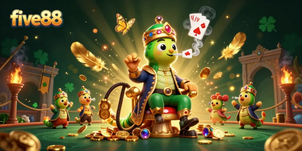 Experience the excitement of five88 with a vibrant 3D casino scene featuring a caterpillar and poker symbols.