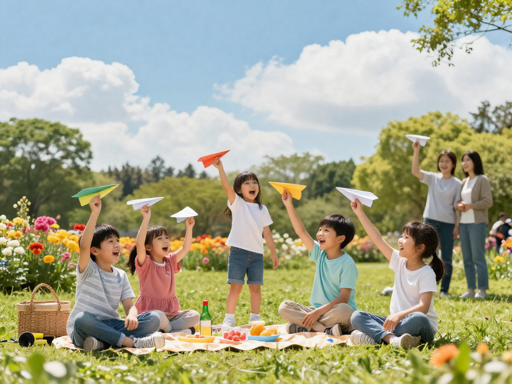 孩子们在公园里放飞五彩纸飞机，享受阳光与快乐的瞬间。