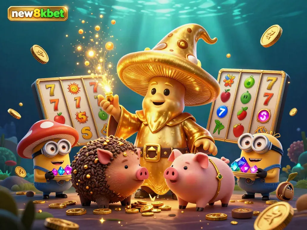 Engage with the new8kbet gold-themed slots experience featuring a whimsical wizard, treasures, and vibrant magic.