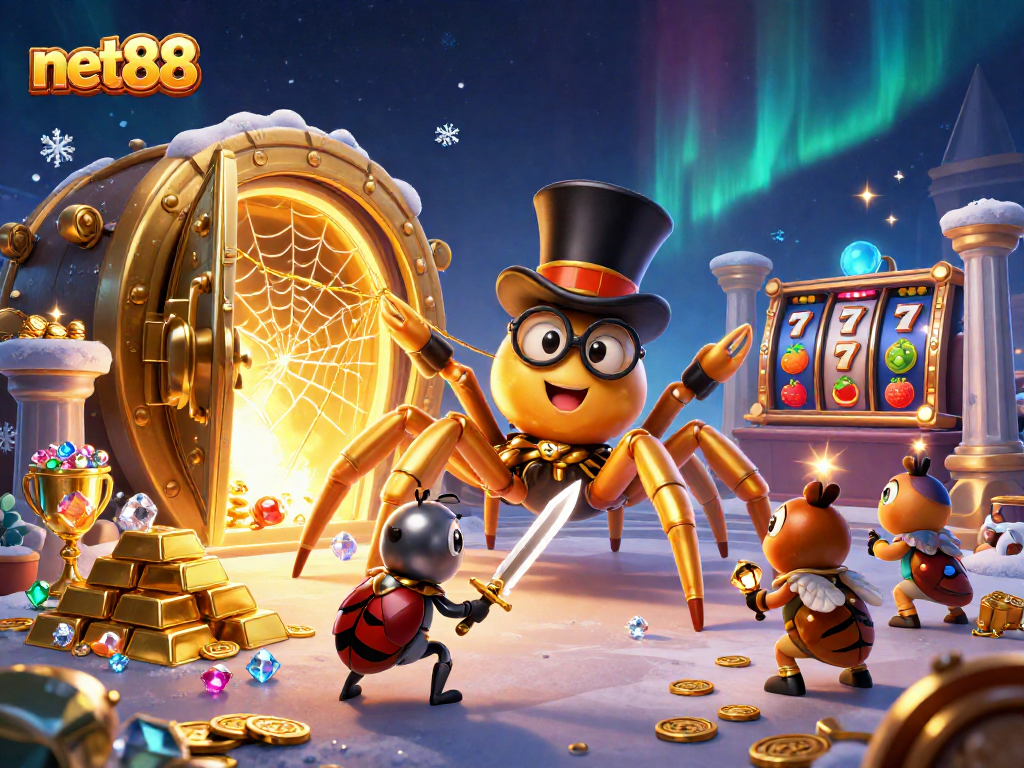 Engage with net88's 3D casino realm showcasing characters and vibrant slot games