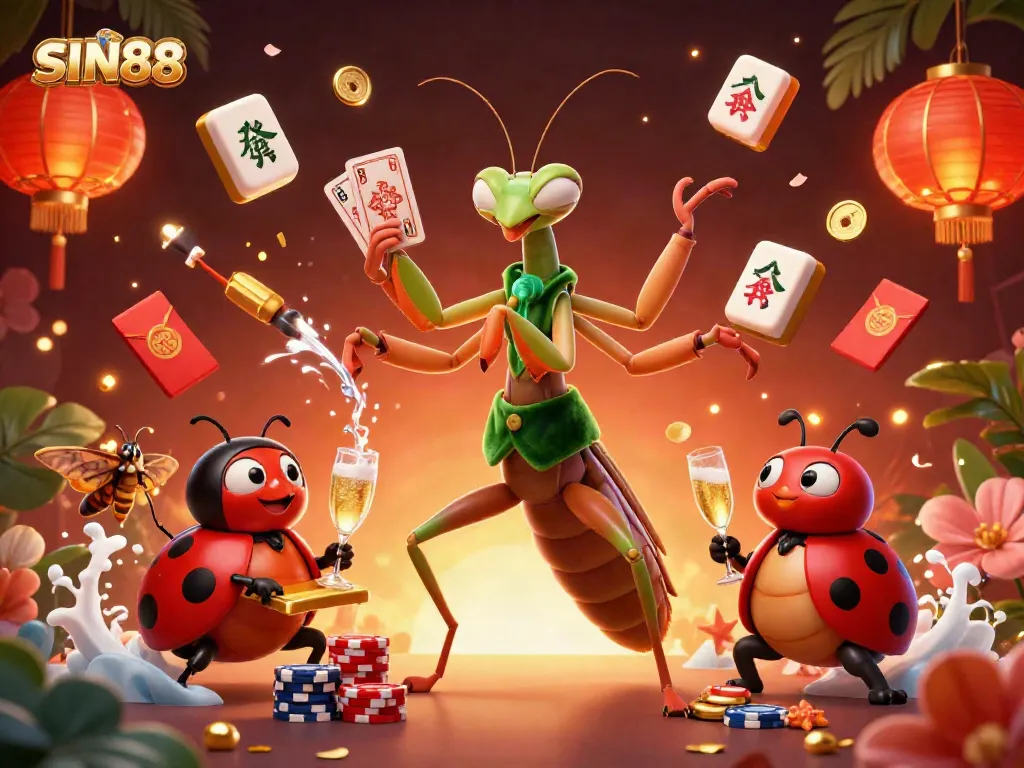 SIN88 showcases a lively gambling scene with a giant mantis card sharp and ladybug pit boss in action.