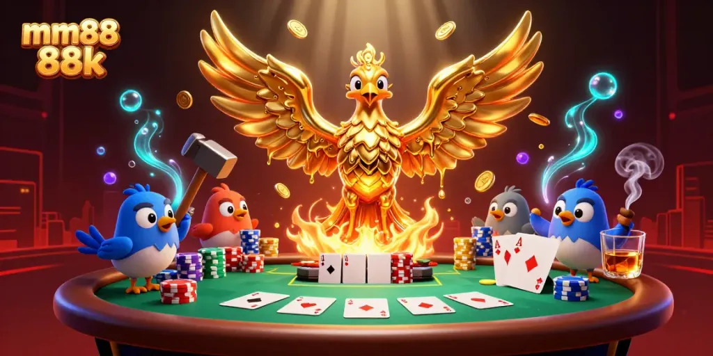 Experience thrilling gameplay and excitement at mm88 88k with a dynamic scene of casino elements and characters.