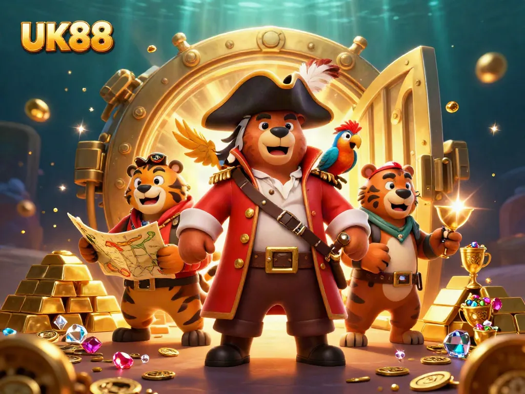 Win big with UK88 at this vibrant casino illustration featuring treasures and excitement.