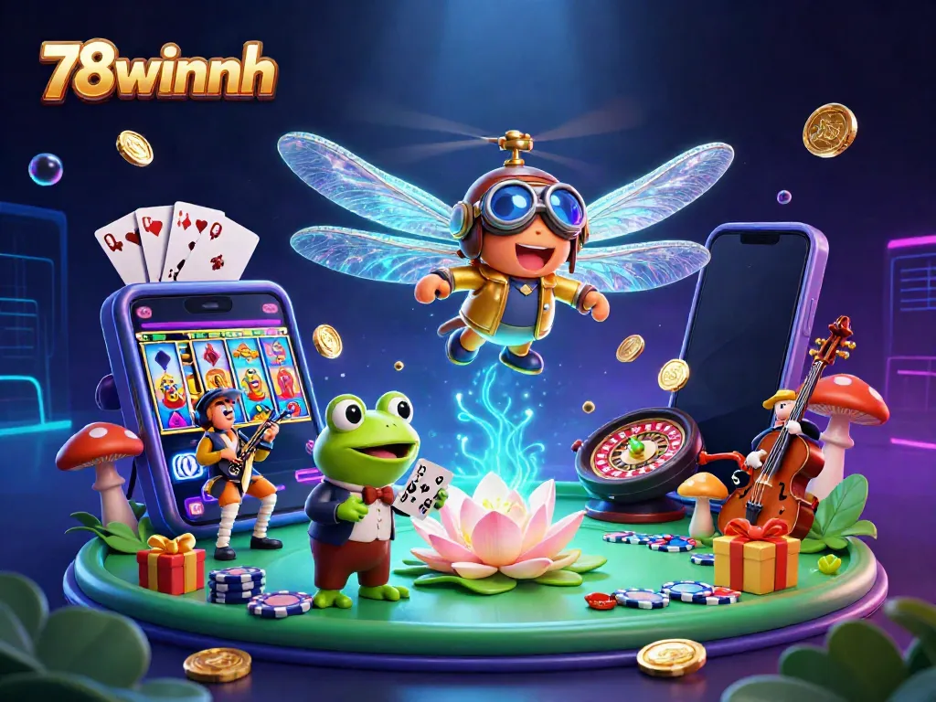 Experience the vibrant casino world of 78winnh with characters engaged in a lively gaming scene.
