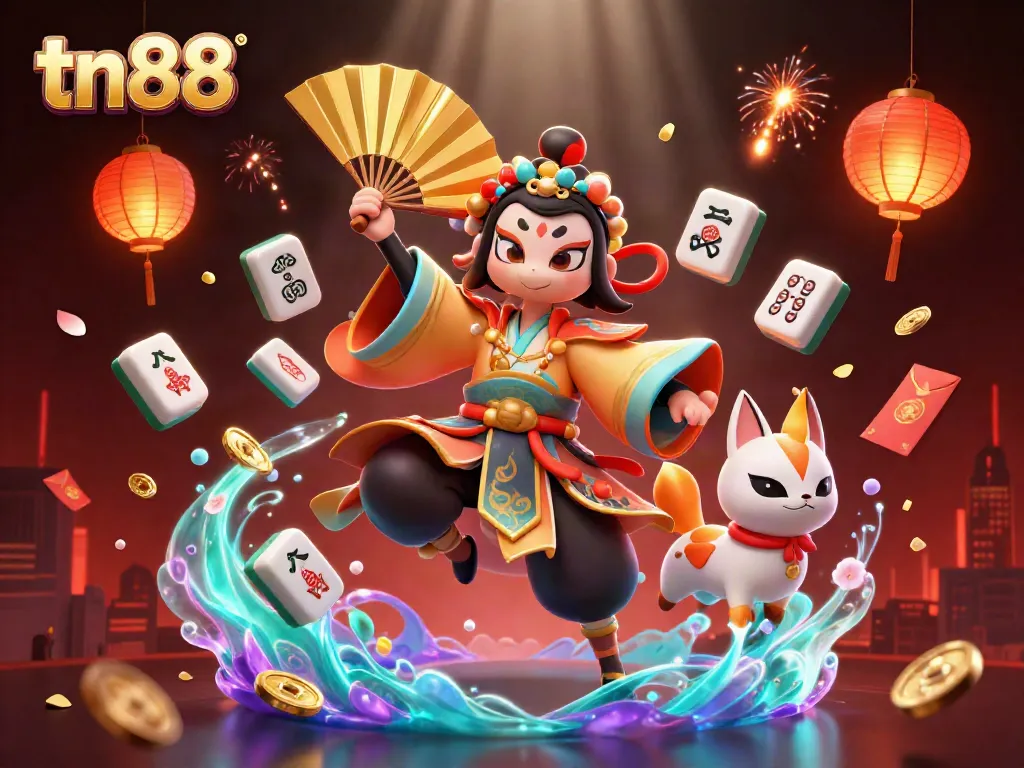 Experience colorful gaming action at tn88 with kabuki warriors and floating casino elements.