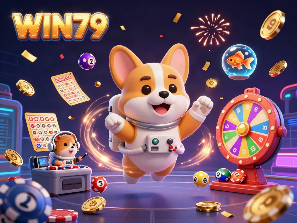 Experience the excitement of WIN79 with a floating astronaut corgi in a vibrant casino scene filled with lottery and casino elements.