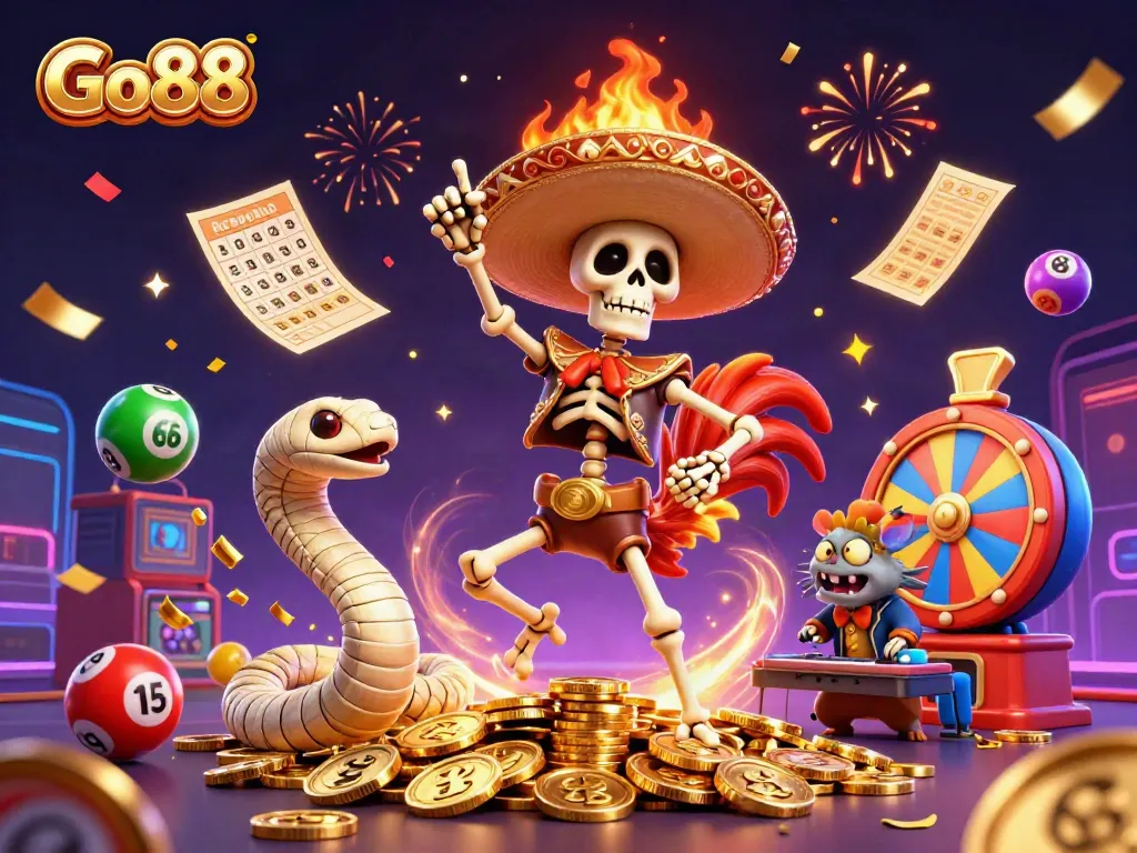 Engage with Go88 through a thrilling victory scene with colorful lottery elements and casino excitement.
