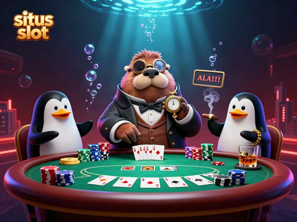 Experience situs slot in a vibrant underwater casino scene with colorful characters
