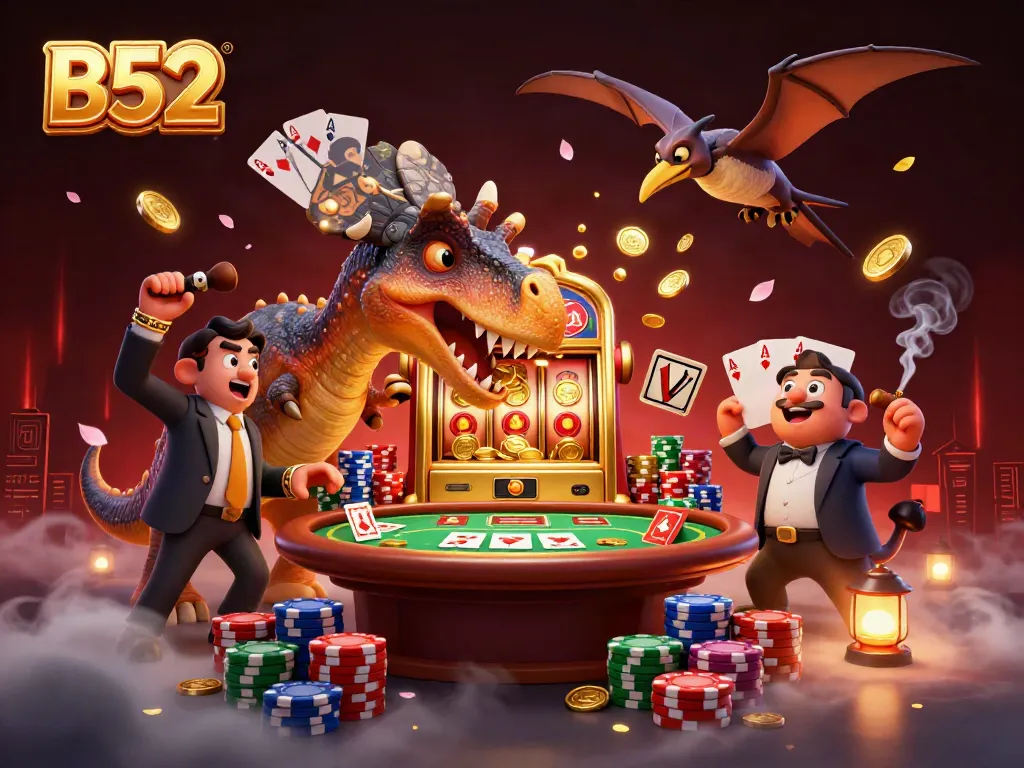 B52 slot machine jackpot scene with cartoon dinosaurs and poker elements