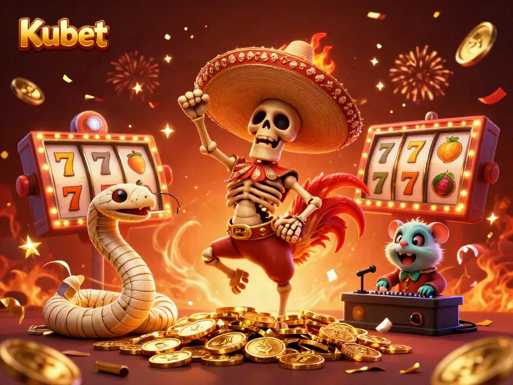 Kubet showcases a lively victory dance with cartoon characters and vibrant slot machine elements.