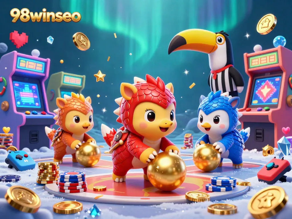 Engage with vibrant 3D pangolins in a lively casino scene at 98winseo, rolling golden balls through poker chips!