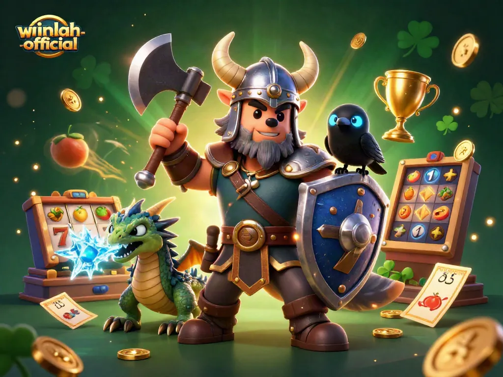 Engage with winlah-official through this vibrant 3D casino scene featuring a heroic Viking wolf warrior and dynamic slot game elements.