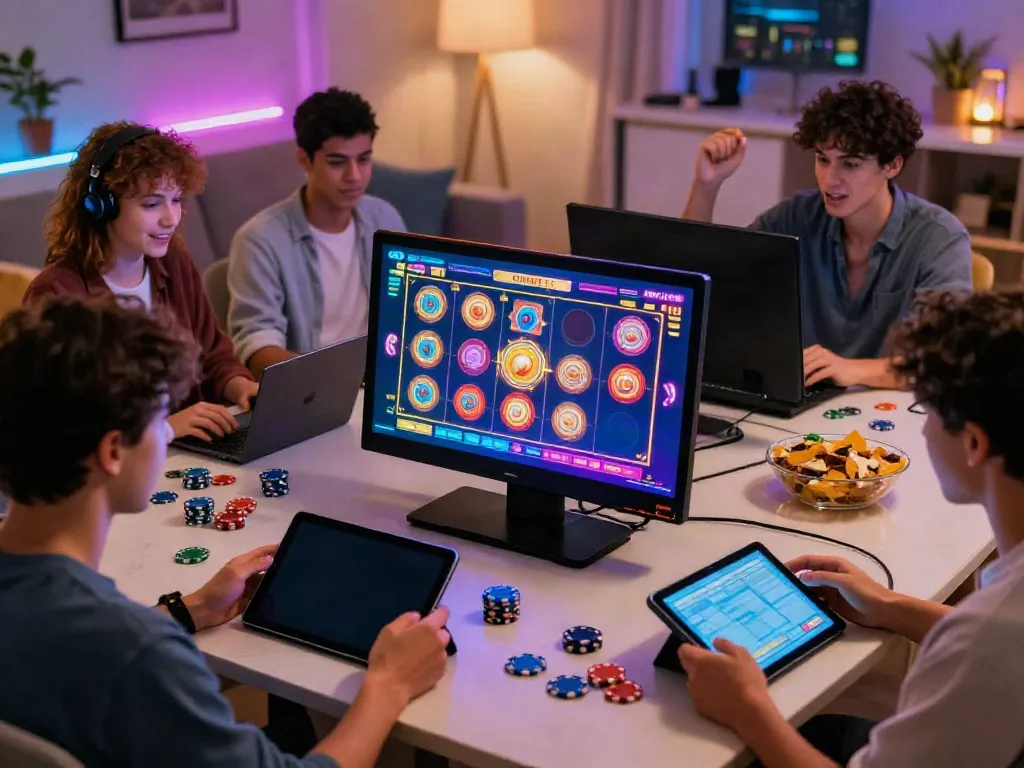 Engaging players enjoying online slot games with vibrant graphics and ambient setting.