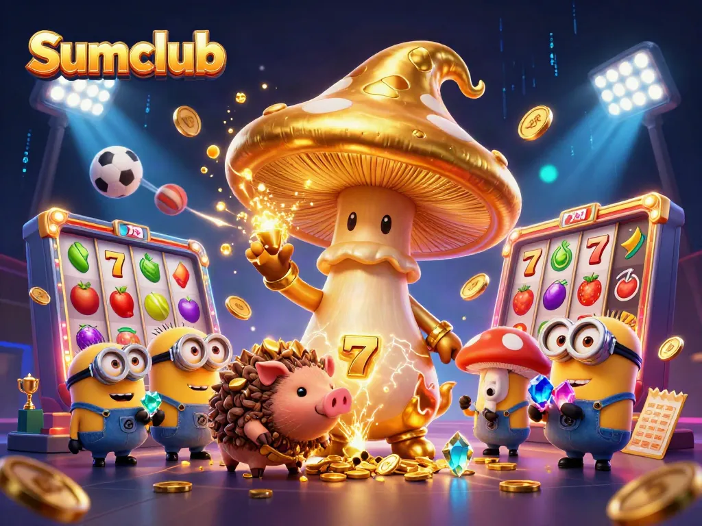 Sumclub showcases dynamic gaming action with a golden mushroom wizard and treasure elements.