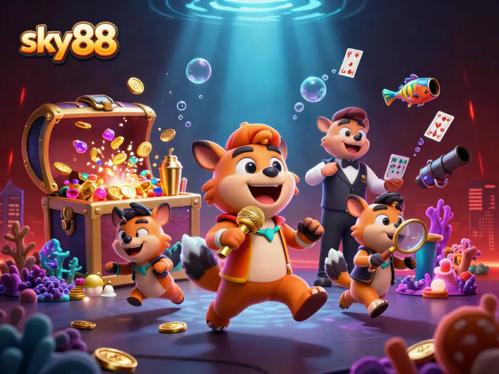 Join the fun at sky88, where cartoon hyenas entertain as a stand-up comic, bartender, and bouncer in a lively casino.