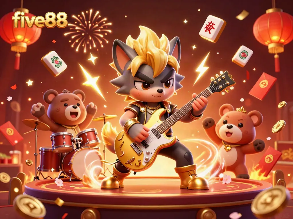 Experience the excitement of five88 with a lively casino illustration featuring vibrant characters and festive elements.