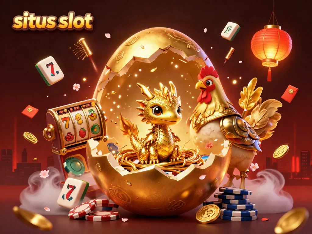Experience excitement at situs slot with a mesmerizing golden dragon illustration, showcasing vibrant slot elements and dynamic gaming symbols.