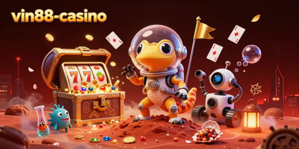Experience excitement with vin88-casino as Martian characters uncover a golden slot casino on Mars.